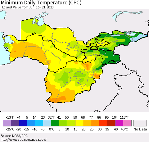 Central Asia Minimum Daily Temperature (CPC) Thematic Map For 6/15/2020 - 6/21/2020