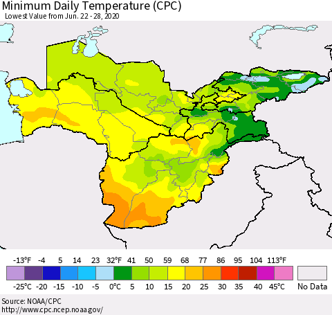 Central Asia Minimum Daily Temperature (CPC) Thematic Map For 6/22/2020 - 6/28/2020