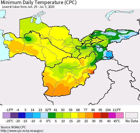 Central Asia Minimum Daily Temperature (CPC) Thematic Map For 6/29/2020 - 7/5/2020