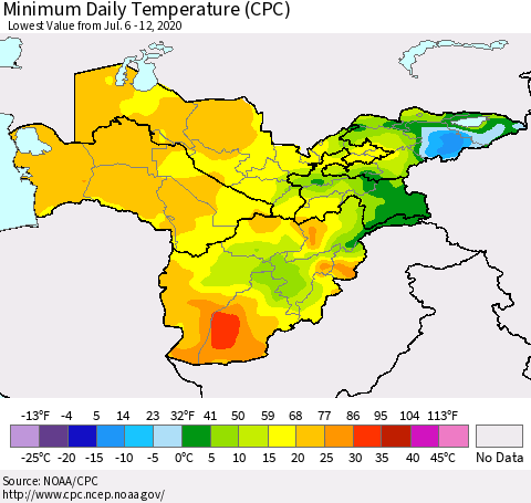 Central Asia Minimum Daily Temperature (CPC) Thematic Map For 7/6/2020 - 7/12/2020