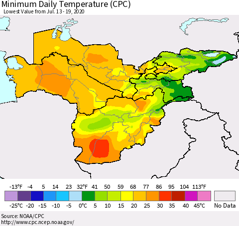 Central Asia Minimum Daily Temperature (CPC) Thematic Map For 7/13/2020 - 7/19/2020