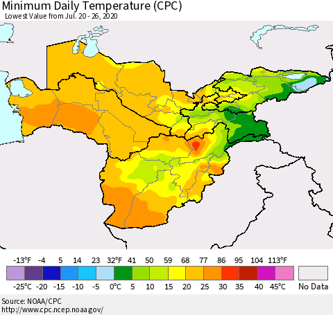 Central Asia Minimum Daily Temperature (CPC) Thematic Map For 7/20/2020 - 7/26/2020