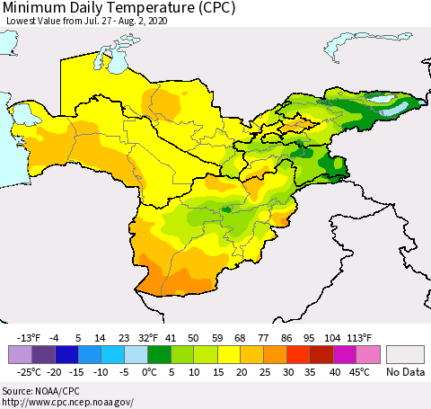 Central Asia Minimum Daily Temperature (CPC) Thematic Map For 7/27/2020 - 8/2/2020