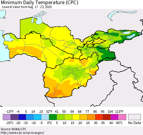 Central Asia Minimum Daily Temperature (CPC) Thematic Map For 8/17/2020 - 8/23/2020