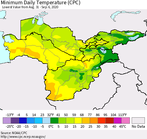 Central Asia Minimum Daily Temperature (CPC) Thematic Map For 8/31/2020 - 9/6/2020