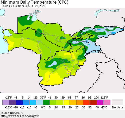 Central Asia Minimum Daily Temperature (CPC) Thematic Map For 9/14/2020 - 9/20/2020