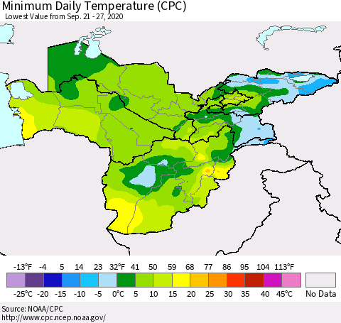 Central Asia Minimum Daily Temperature (CPC) Thematic Map For 9/21/2020 - 9/27/2020