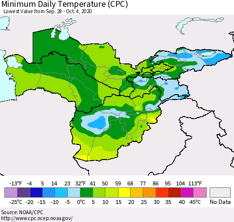 Central Asia Minimum Daily Temperature (CPC) Thematic Map For 9/28/2020 - 10/4/2020