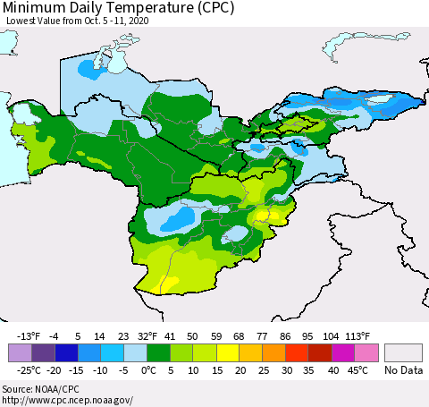 Central Asia Minimum Daily Temperature (CPC) Thematic Map For 10/5/2020 - 10/11/2020