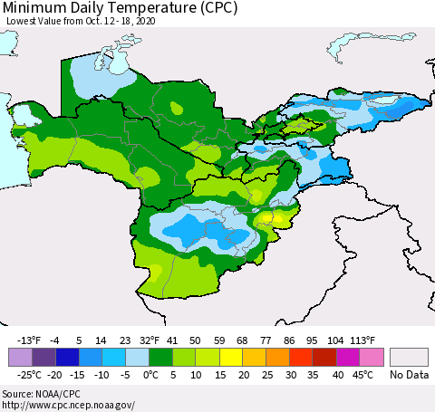 Central Asia Minimum Daily Temperature (CPC) Thematic Map For 10/12/2020 - 10/18/2020