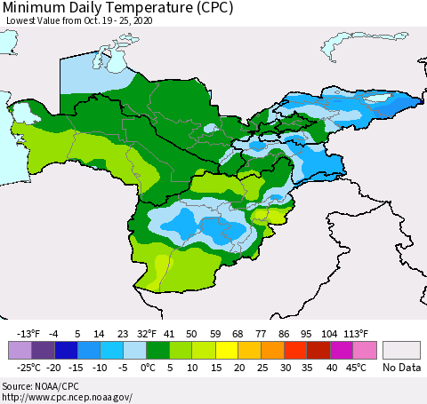Central Asia Minimum Daily Temperature (CPC) Thematic Map For 10/19/2020 - 10/25/2020