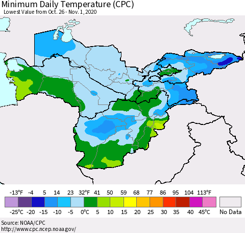 Central Asia Minimum Daily Temperature (CPC) Thematic Map For 10/26/2020 - 11/1/2020