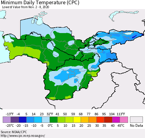 Central Asia Minimum Daily Temperature (CPC) Thematic Map For 11/2/2020 - 11/8/2020