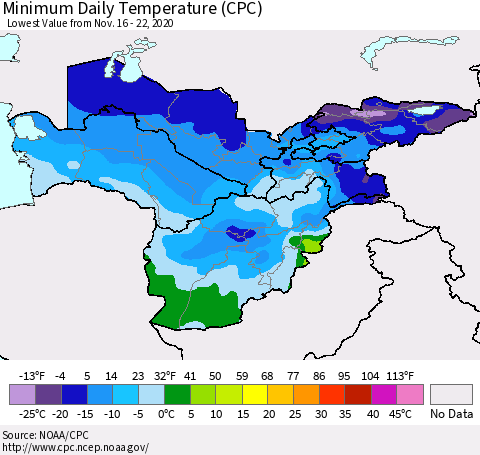 Central Asia Minimum Daily Temperature (CPC) Thematic Map For 11/16/2020 - 11/22/2020