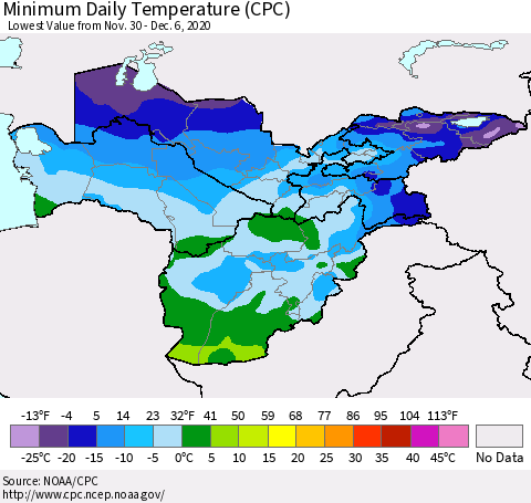 Central Asia Minimum Daily Temperature (CPC) Thematic Map For 11/30/2020 - 12/6/2020