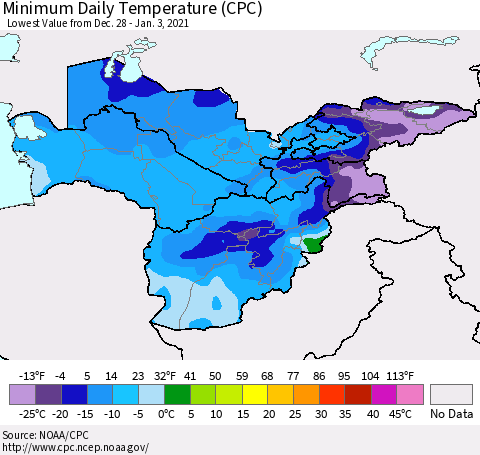 Central Asia Minimum Daily Temperature (CPC) Thematic Map For 12/28/2020 - 1/3/2021
