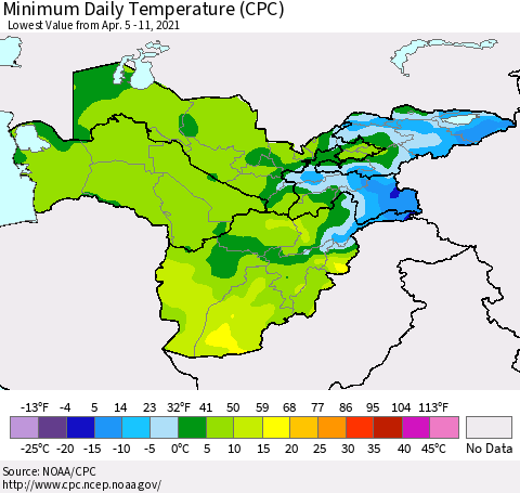 Central Asia Minimum Daily Temperature (CPC) Thematic Map For 4/5/2021 - 4/11/2021