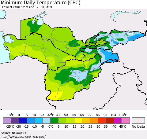 Central Asia Minimum Daily Temperature (CPC) Thematic Map For 4/12/2021 - 4/18/2021