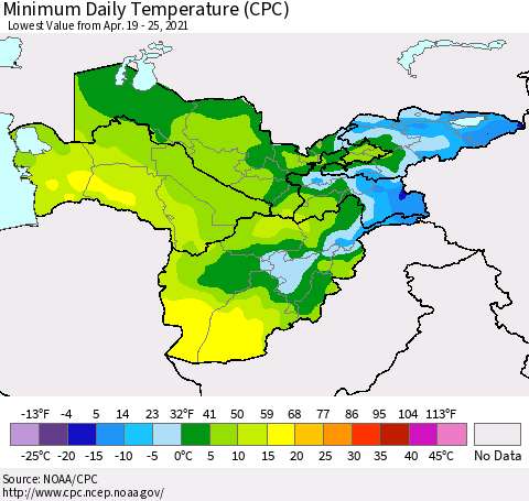 Central Asia Minimum Daily Temperature (CPC) Thematic Map For 4/19/2021 - 4/25/2021