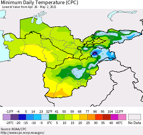 Central Asia Minimum Daily Temperature (CPC) Thematic Map For 4/26/2021 - 5/2/2021