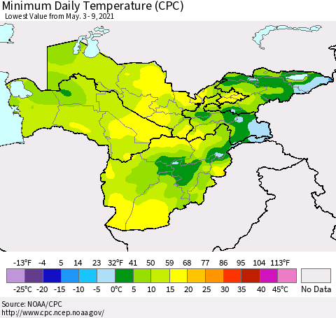 Central Asia Minimum Daily Temperature (CPC) Thematic Map For 5/3/2021 - 5/9/2021