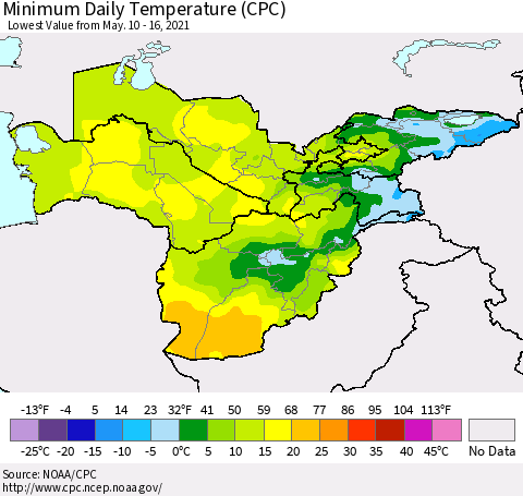 Central Asia Minimum Daily Temperature (CPC) Thematic Map For 5/10/2021 - 5/16/2021