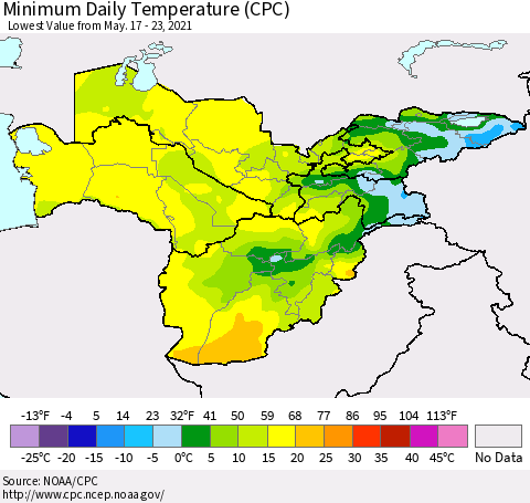 Central Asia Minimum Daily Temperature (CPC) Thematic Map For 5/17/2021 - 5/23/2021