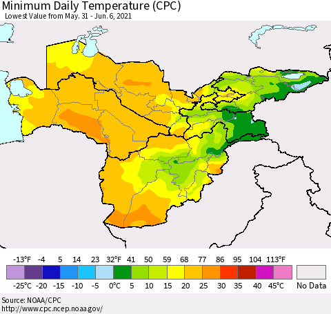 Central Asia Minimum Daily Temperature (CPC) Thematic Map For 5/31/2021 - 6/6/2021