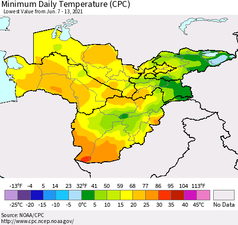 Central Asia Minimum Daily Temperature (CPC) Thematic Map For 6/7/2021 - 6/13/2021