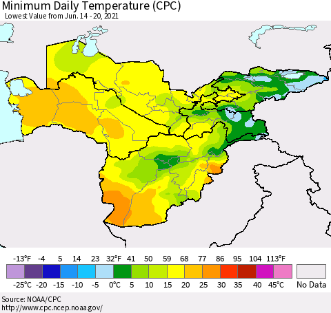 Central Asia Minimum Daily Temperature (CPC) Thematic Map For 6/14/2021 - 6/20/2021
