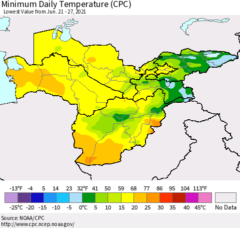 Central Asia Minimum Daily Temperature (CPC) Thematic Map For 6/21/2021 - 6/27/2021