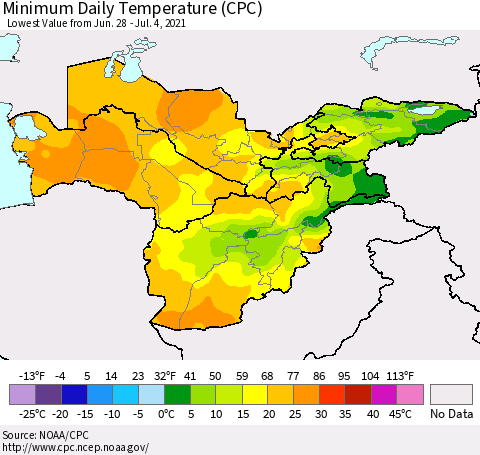 Central Asia Minimum Daily Temperature (CPC) Thematic Map For 6/28/2021 - 7/4/2021