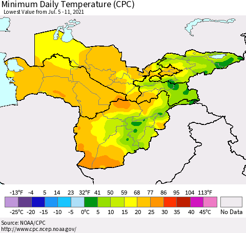 Central Asia Minimum Daily Temperature (CPC) Thematic Map For 7/5/2021 - 7/11/2021