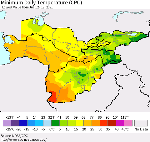 Central Asia Minimum Daily Temperature (CPC) Thematic Map For 7/12/2021 - 7/18/2021