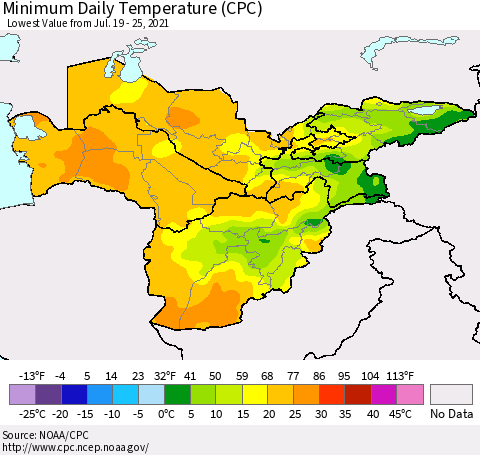 Central Asia Minimum Daily Temperature (CPC) Thematic Map For 7/19/2021 - 7/25/2021