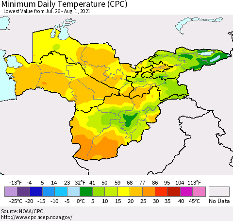Central Asia Minimum Daily Temperature (CPC) Thematic Map For 7/26/2021 - 8/1/2021
