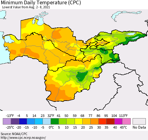 Central Asia Minimum Daily Temperature (CPC) Thematic Map For 8/2/2021 - 8/8/2021