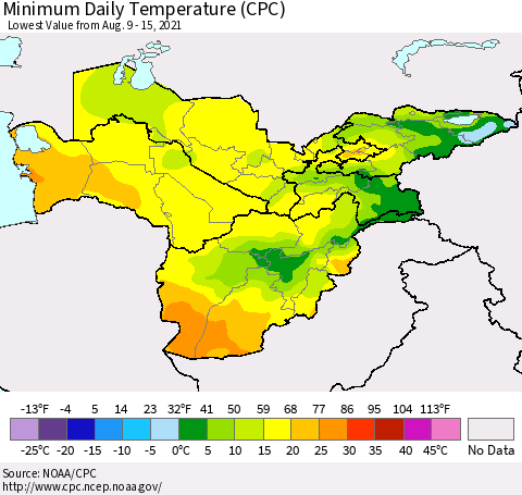 Central Asia Minimum Daily Temperature (CPC) Thematic Map For 8/9/2021 - 8/15/2021