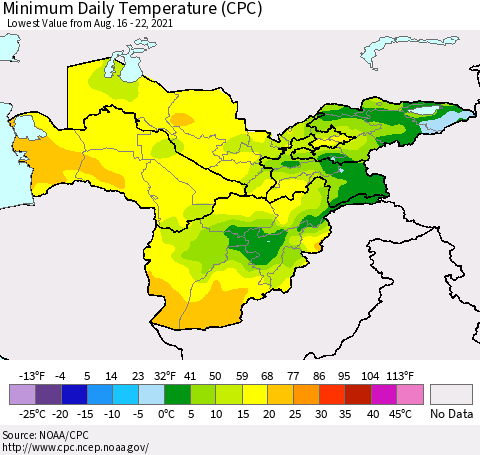 Central Asia Minimum Daily Temperature (CPC) Thematic Map For 8/16/2021 - 8/22/2021