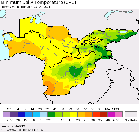 Central Asia Minimum Daily Temperature (CPC) Thematic Map For 8/23/2021 - 8/29/2021