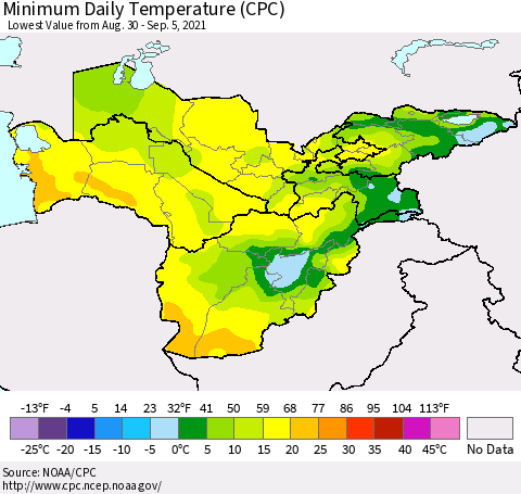 Central Asia Minimum Daily Temperature (CPC) Thematic Map For 8/30/2021 - 9/5/2021