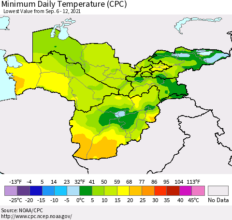Central Asia Minimum Daily Temperature (CPC) Thematic Map For 9/6/2021 - 9/12/2021