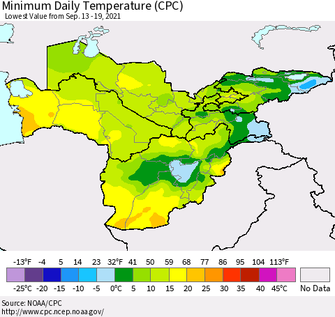 Central Asia Minimum Daily Temperature (CPC) Thematic Map For 9/13/2021 - 9/19/2021
