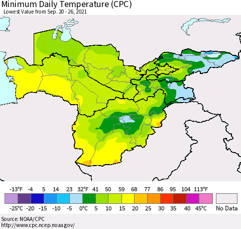 Central Asia Minimum Daily Temperature (CPC) Thematic Map For 9/20/2021 - 9/26/2021