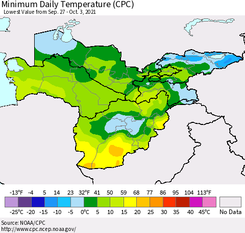 Central Asia Minimum Daily Temperature (CPC) Thematic Map For 9/27/2021 - 10/3/2021