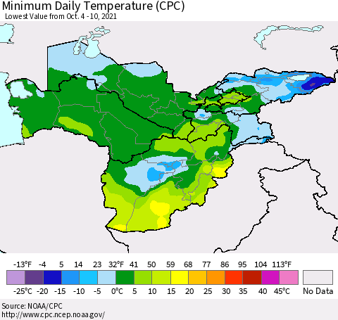 Central Asia Minimum Daily Temperature (CPC) Thematic Map For 10/4/2021 - 10/10/2021