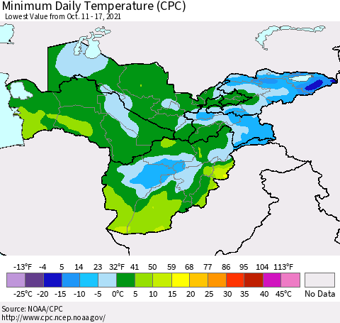 Central Asia Minimum Daily Temperature (CPC) Thematic Map For 10/11/2021 - 10/17/2021