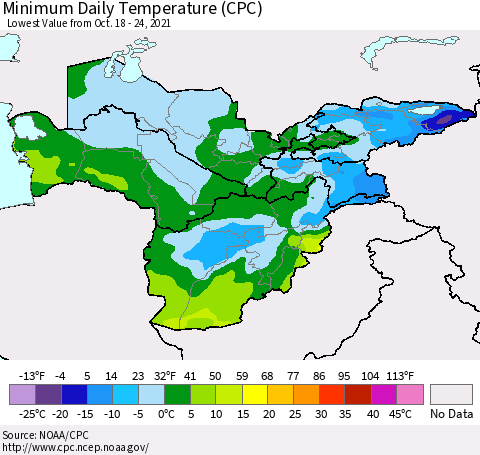 Central Asia Minimum Daily Temperature (CPC) Thematic Map For 10/18/2021 - 10/24/2021