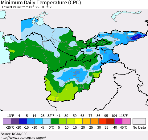 Central Asia Minimum Daily Temperature (CPC) Thematic Map For 10/25/2021 - 10/31/2021