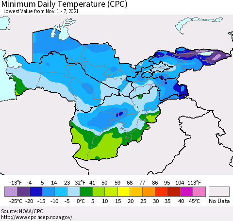 Central Asia Minimum Daily Temperature (CPC) Thematic Map For 11/1/2021 - 11/7/2021